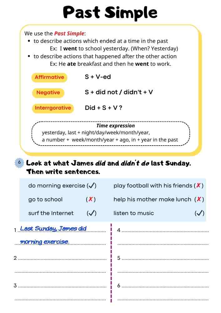 Past Simple Worksheet – What Did James Do Last Sunday? Write Affirmative & Negative Sentences | Free PDF